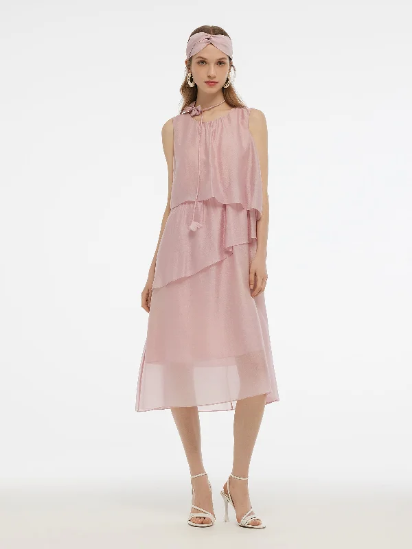 Ruffle Women Tiered Vest Midi Dress With Hairband And Bowknot Choker