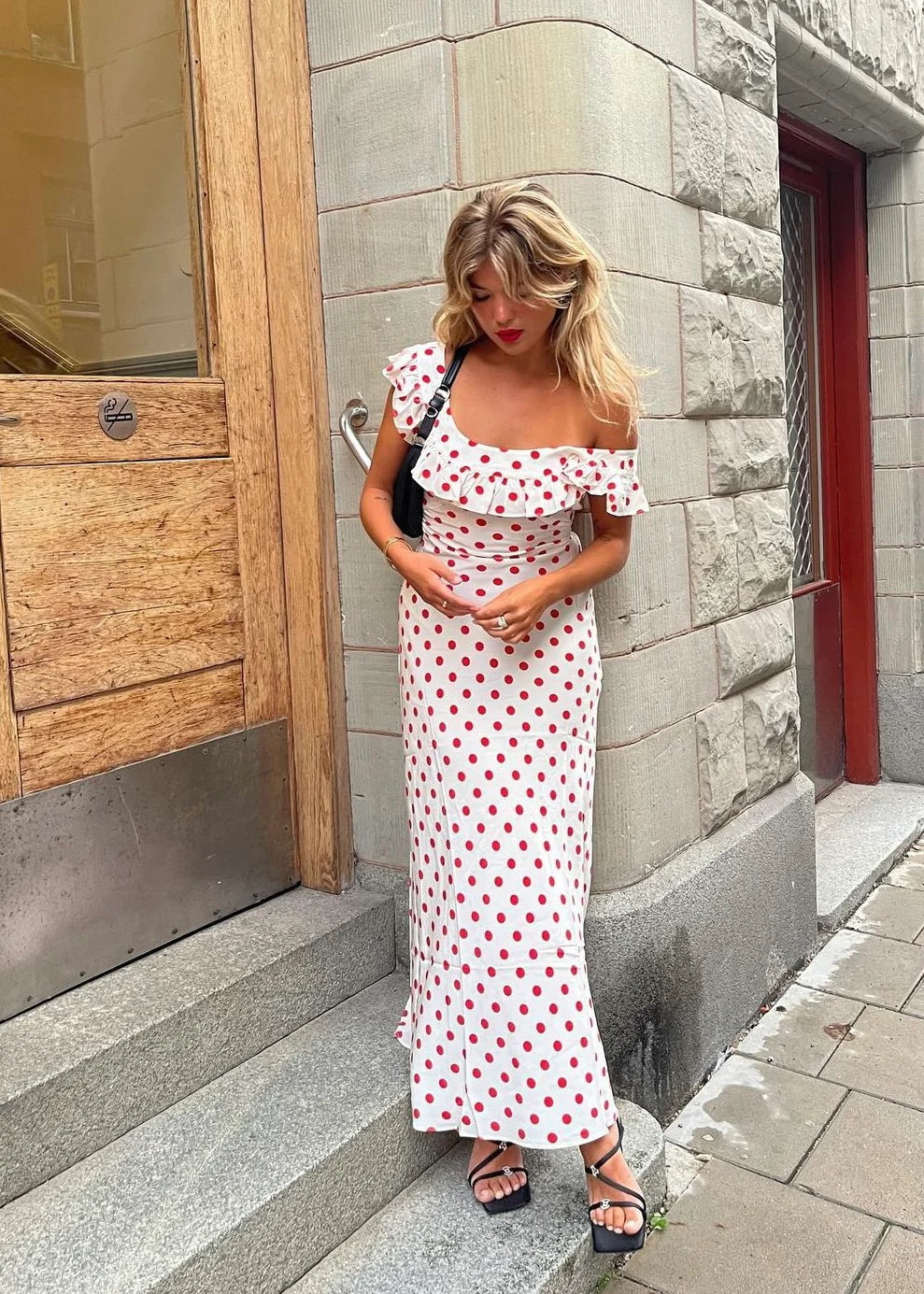 Red Polka Dots Off the Shoulder Satin Long Prom Dress Evening Dress DP1240