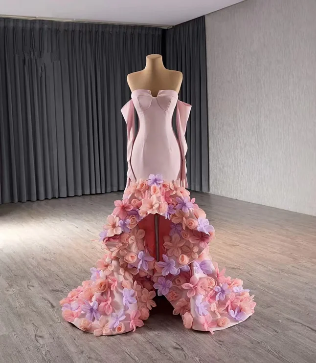 Mermaid Strapless Pink Flower Satin Prom Dresses High Low Removable Long Sleeves DP1258