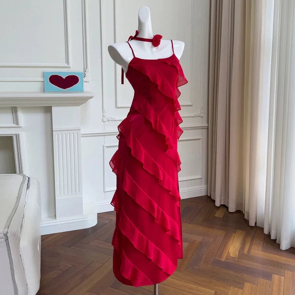 A Line Spaghetti Straps Ruffles Red Chiffon Long Prom Dress Outfits DP1236