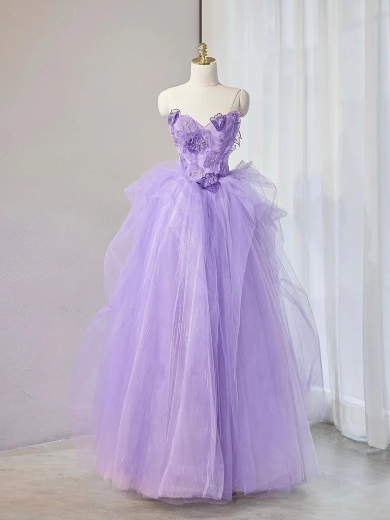 Purple A Line Sweetheart Neck Applique Tulle Long Prom Dress Evening Dress DP1235