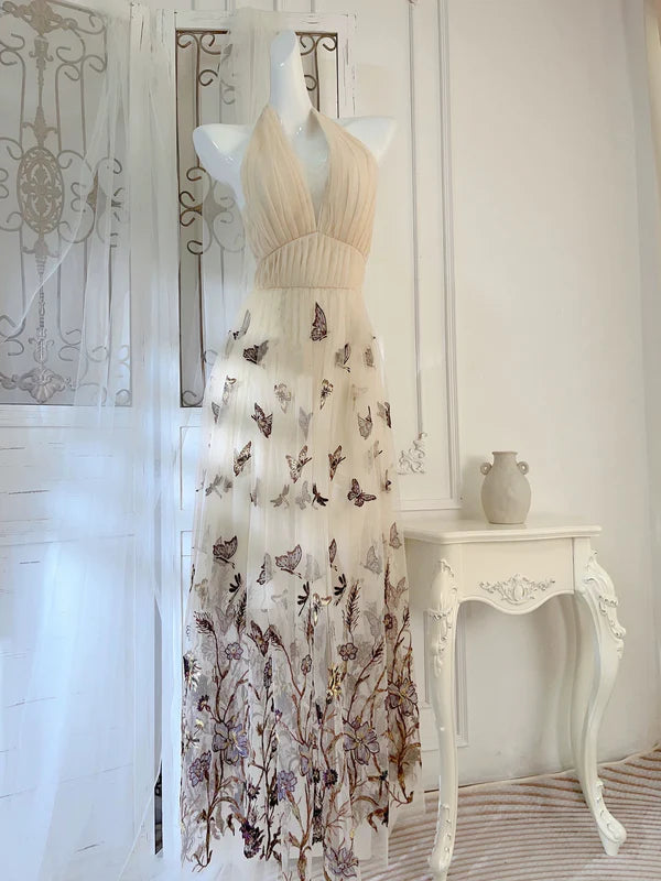 Champagne A Line Halter Butterfly Appliques Tulle Prom Dress Evening Dress DP1239