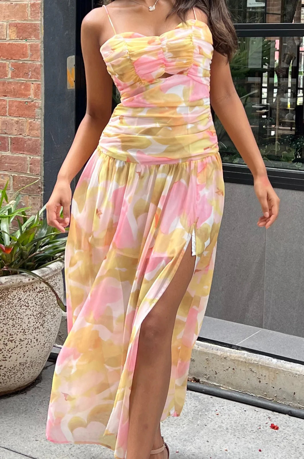 A Line Spaghetti Straps Print Flowy Chiffon Long Prom Dress Outfits with Slit DP1237