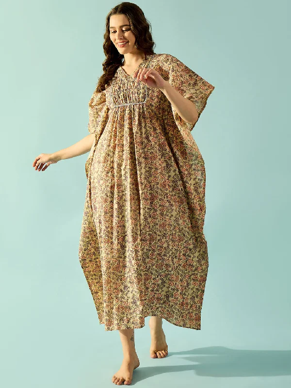 Women's Beige Knit Cotton Floral Sleep Wear - The Kaftan Company