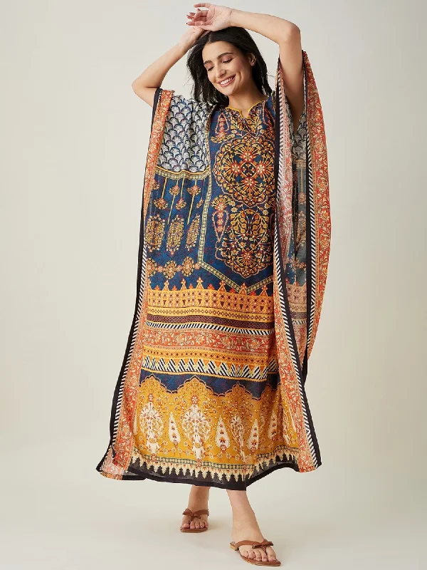 Women's Blue Viscose Micro Print Sleep Wear - The Kaftan Company