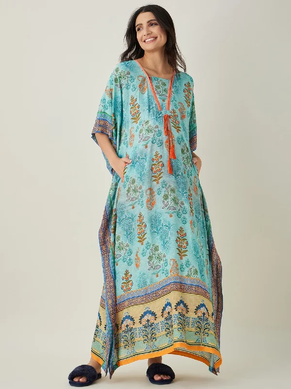 Women's Blue Viscose Micro Print Sleep Wear - The Kaftan Company