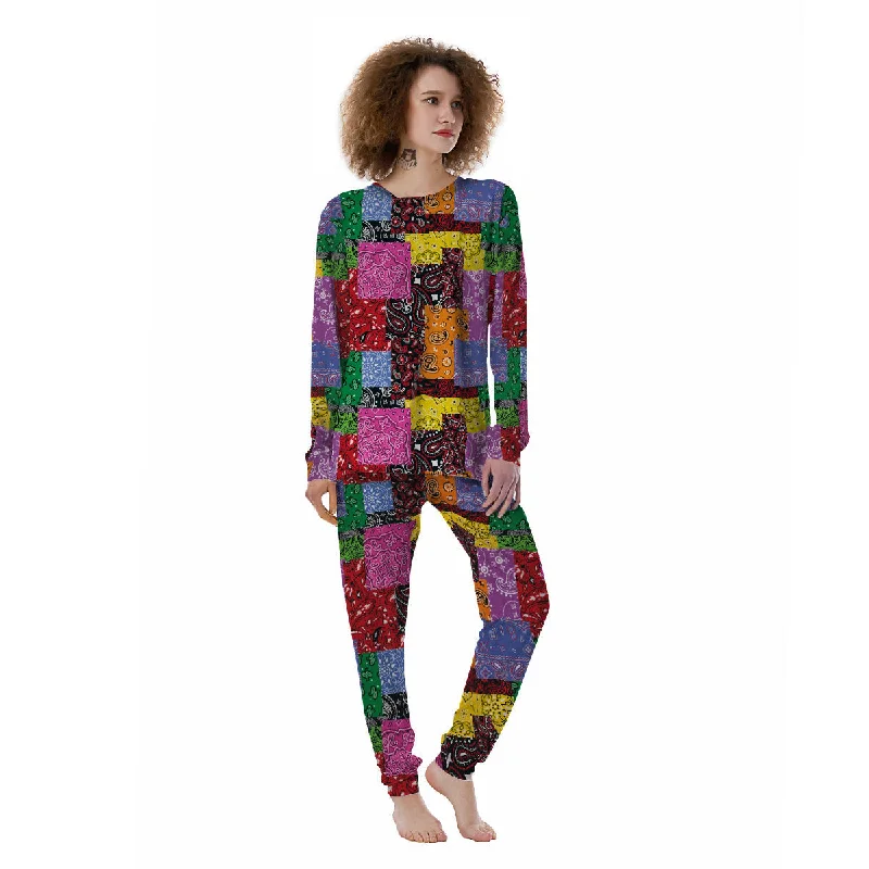 Colorful Patchwork Bandanna Print Pattern Women's Pajamas