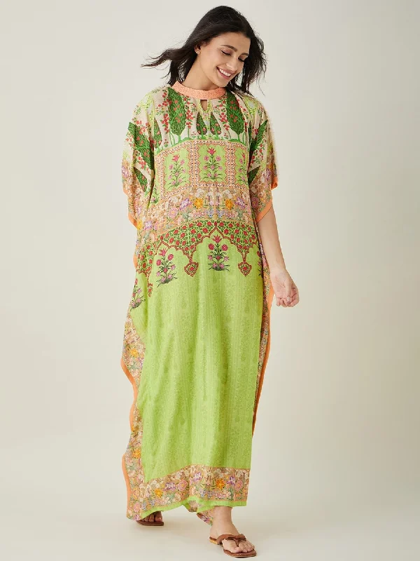 Women's Green Viscose Micro Print Sleep Wear - The Kaftan Company