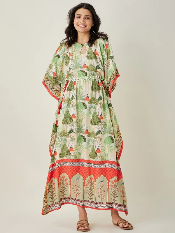 Women's Off White Viscose Micro Print Sleep Wear - The Kaftan Company