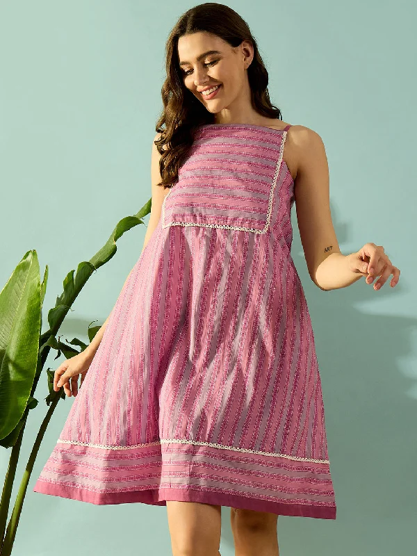 Women's Pink Knit Cotton Stripes Sleep Wear - The Kaftan Company