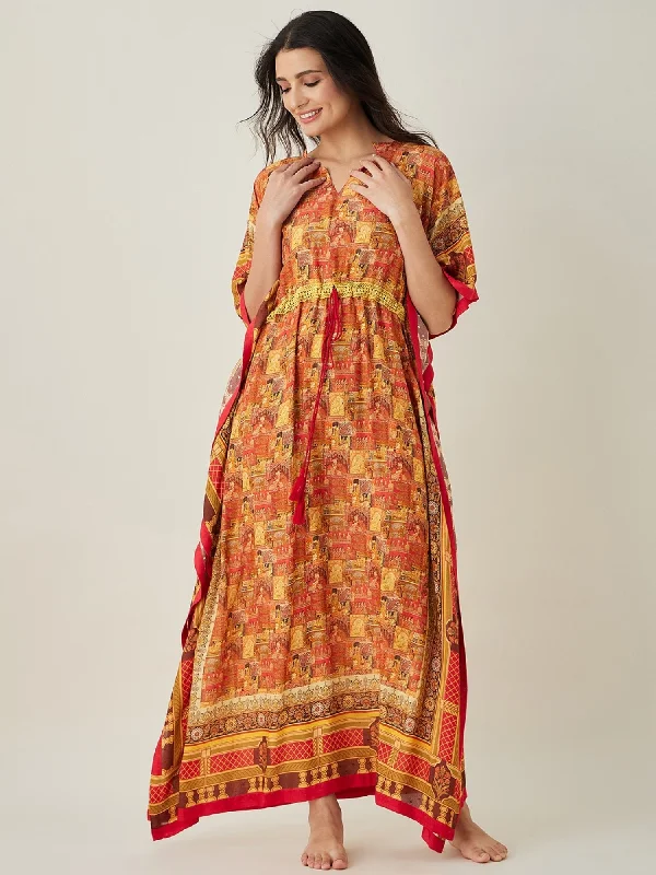 Women's Red Viscose Micro Print Sleep Wear - The Kaftan Company