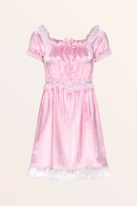 Sissy Satin Lacy Maid Nightdress - Baby Pink