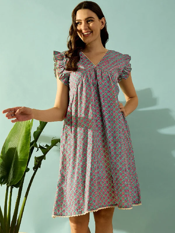 Women's Teal Knit Cotton Floral Sleep Wear - The Kaftan Company