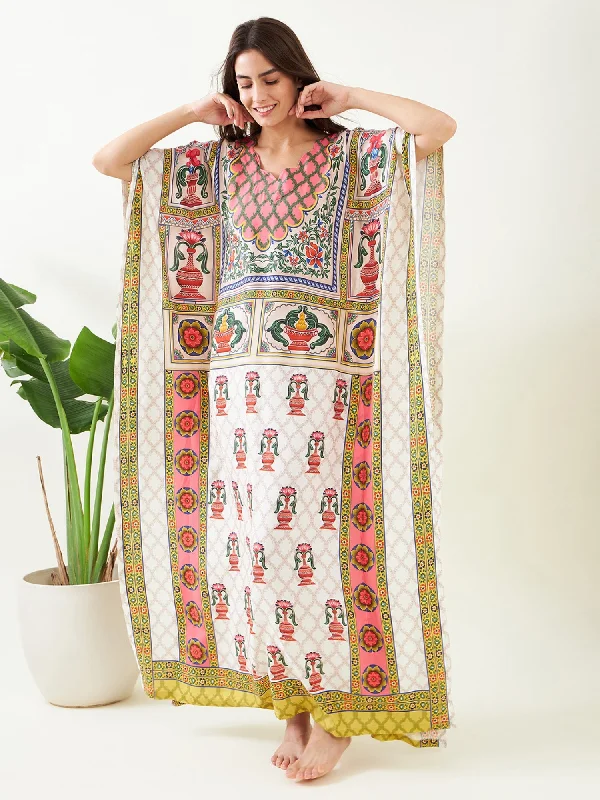 Women's White Viscose Micro Print Sleep Wear - The Kaftan Company