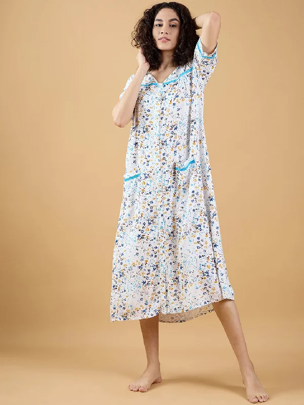 Women's White Viscose Micro Print Sleep Wear - The Kaftan Company