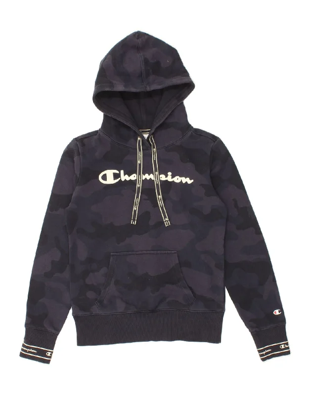 CHAMPION Womens Graphic Hoodie Jumper UK 6 XS Navy Blue Camouflage Cotton