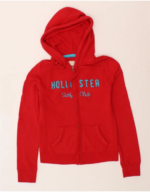 HOLLISTER Womens Graphic Zip Hoodie Sweater UK 10 Small Red Cotton