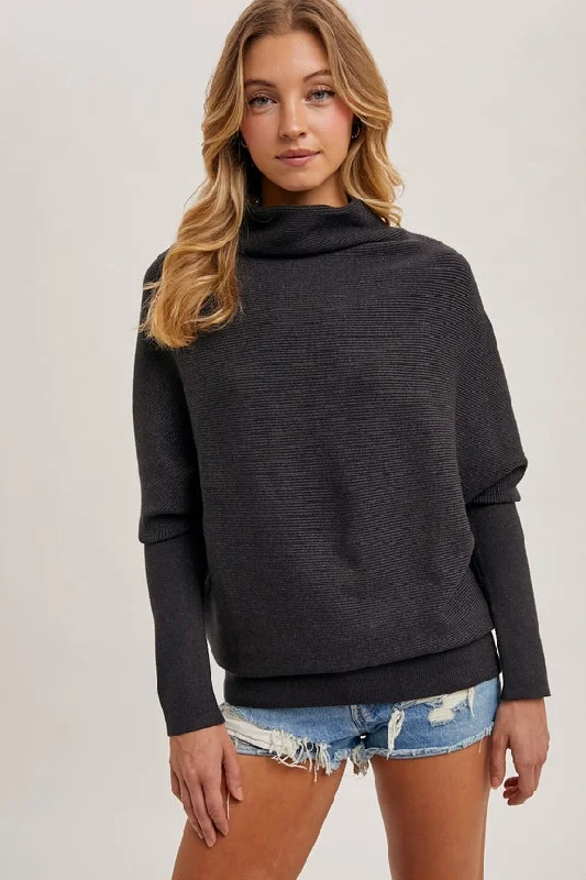 Slouch Neck Pullover Sweater- Charcoal