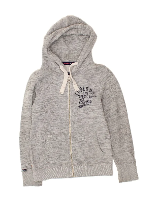 SUPERDRY Womens Graphic Zip Hoodie Sweater UK 14 Medium Grey Flecked