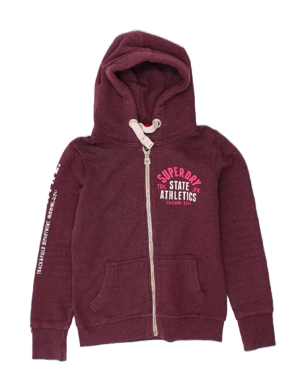 SUPERDRY Womens Graphic Zip Hoodie Sweater UK 14 Medium Maroon Cotton