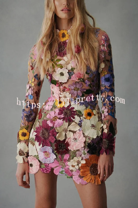 Lilipretty Elegantly Enchanted Floral Applique Backless Long Sleeve Mini Dress