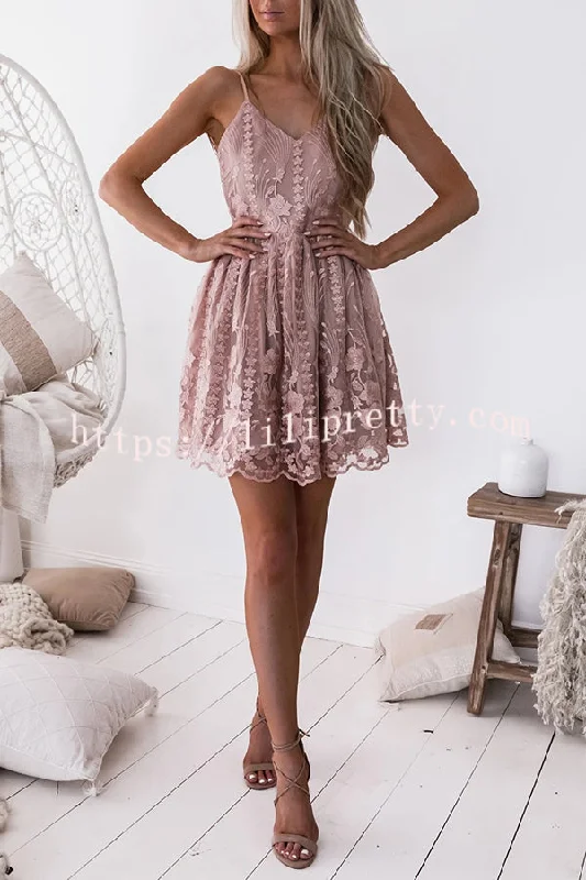 Lilipretty Lace Tulle Floral Hollow Sleeveless Slip Mini Dress