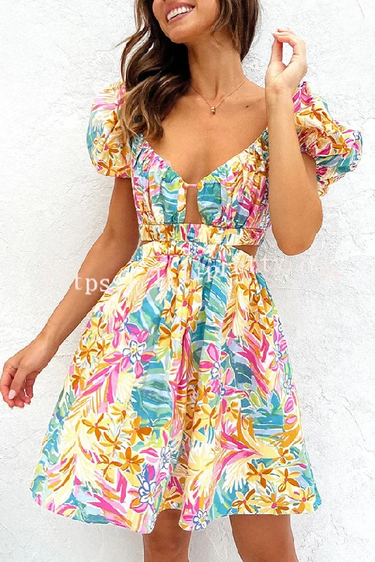 Lilipretty How Sweet Floral Puff Sleeve Cutout Elastic Waist Mini Dress