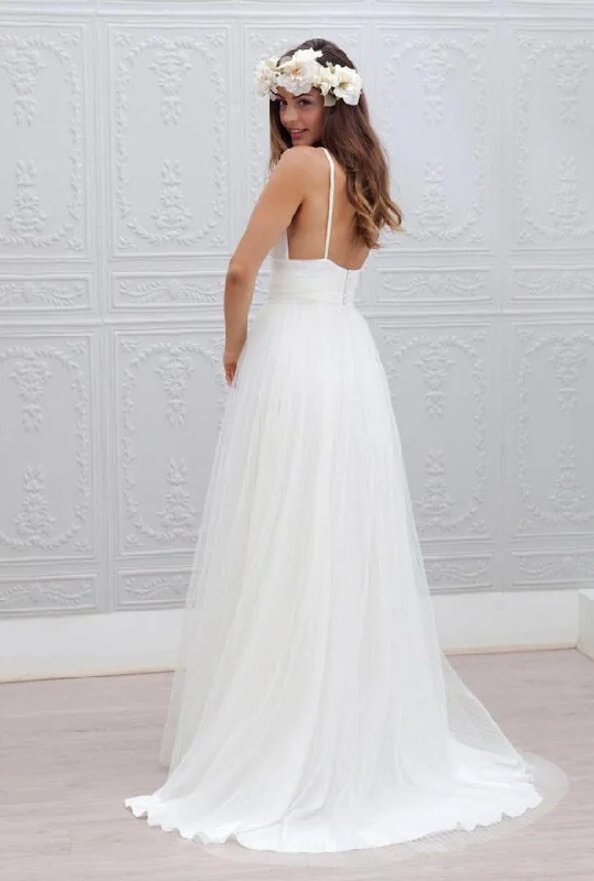 A-line Simple Spaghetti Straps Beach Wedding Dress Summer Coast Off White Bridal Gown