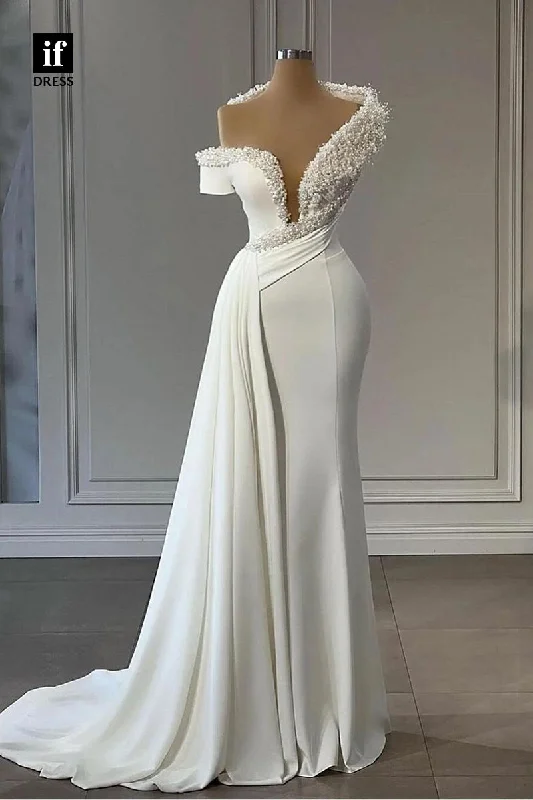 31738 - Gorgeous Beads V-Neck Satin Sheath/Column Boho Wedding Dress with Train