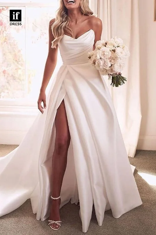 71103 - Classic Strapless A-Line Pleats Side Slit Satin Beach Wedding Dress with Train