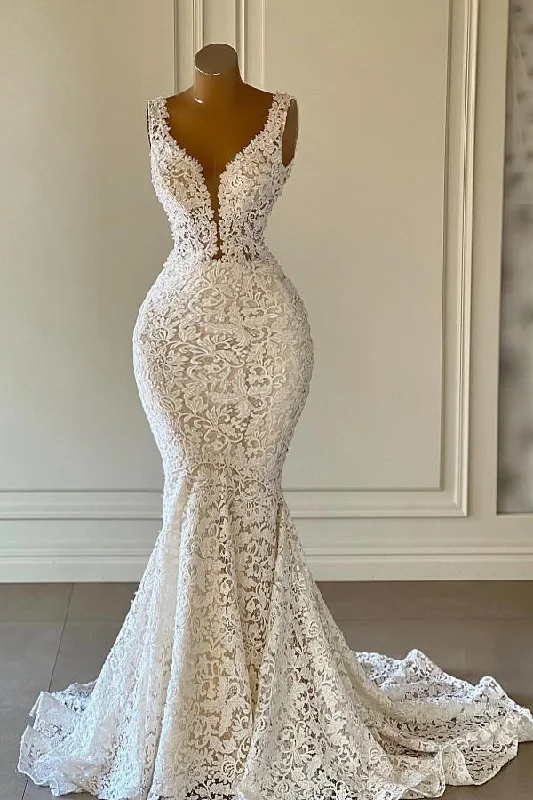 Gorgeous Long Mermaid V-neck Floral Lace Bridal Wedding Dresses