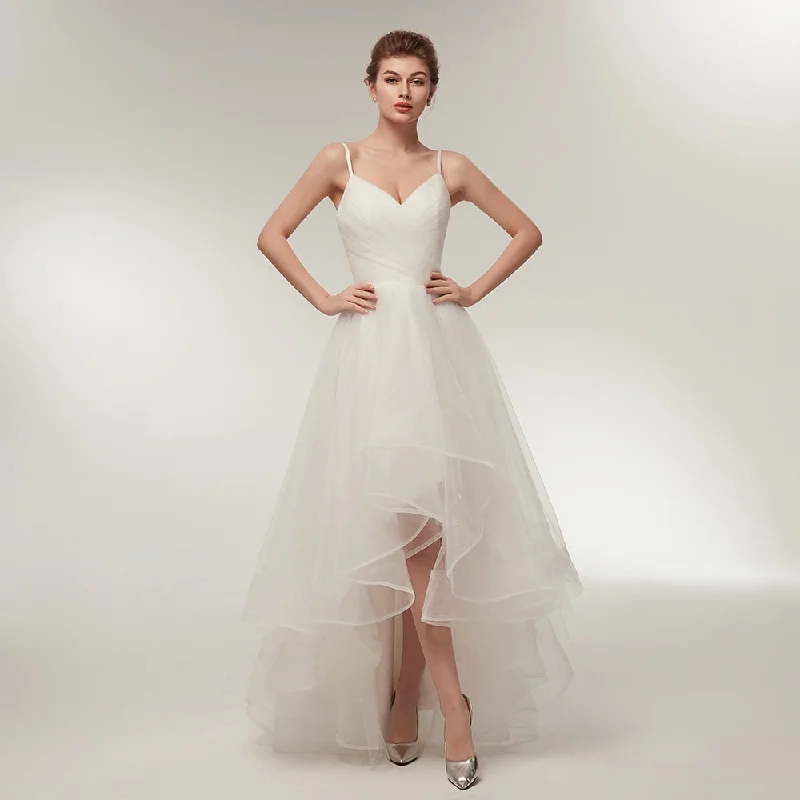 Wedding Dresses Spaghetti Straps V-Neck Ruffles Tulle Simple Beach Bridal