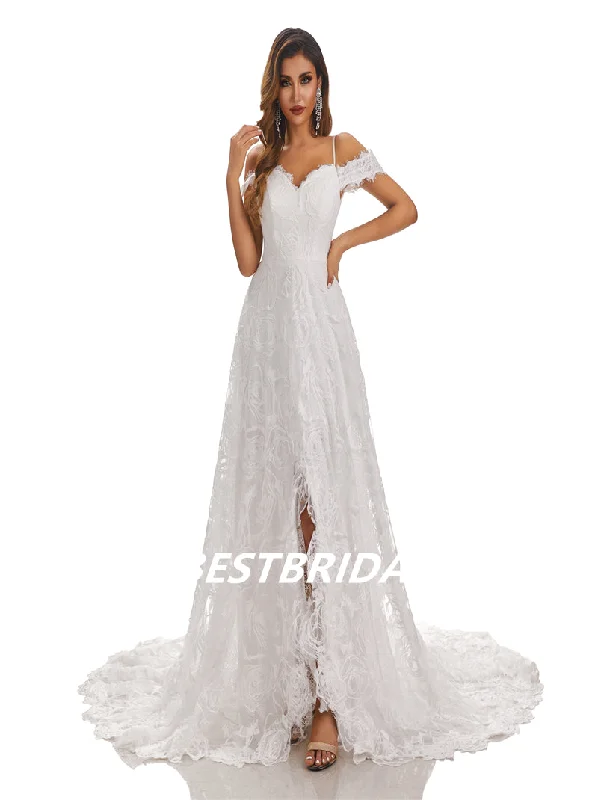 Ivory A-Line Spaghetti Straps Off Shoulder Side Slit Handmade Lace Wedding Dresses, WDY0185