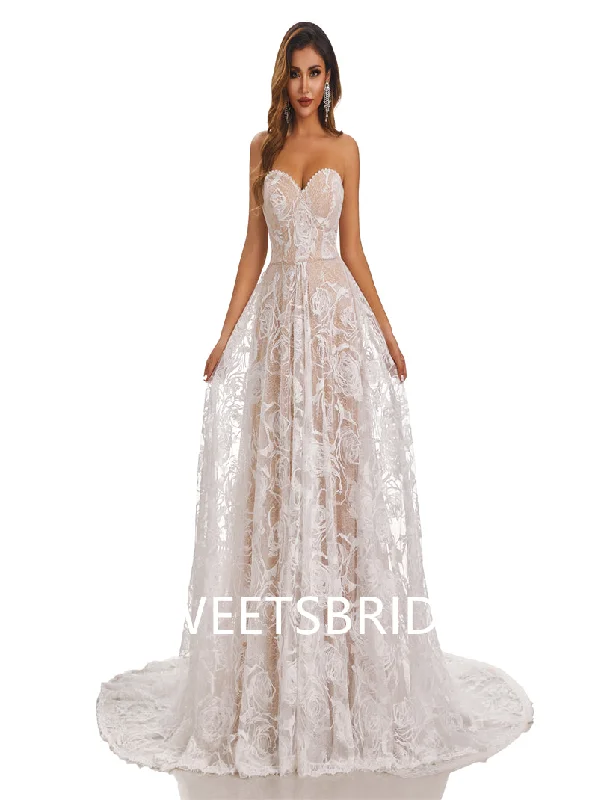 Lvory Lace Chiffon Sweetheart A-line Applique Floor-length Wedding Dresses,DB0175