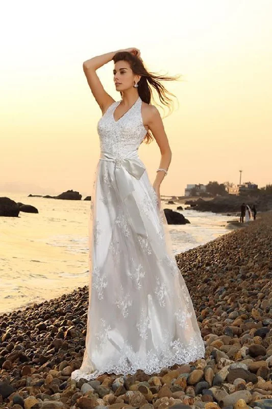 Princess A-Line Halter Belt Sleeveless Long Lace Sweetheart Beach Wedding Dresses