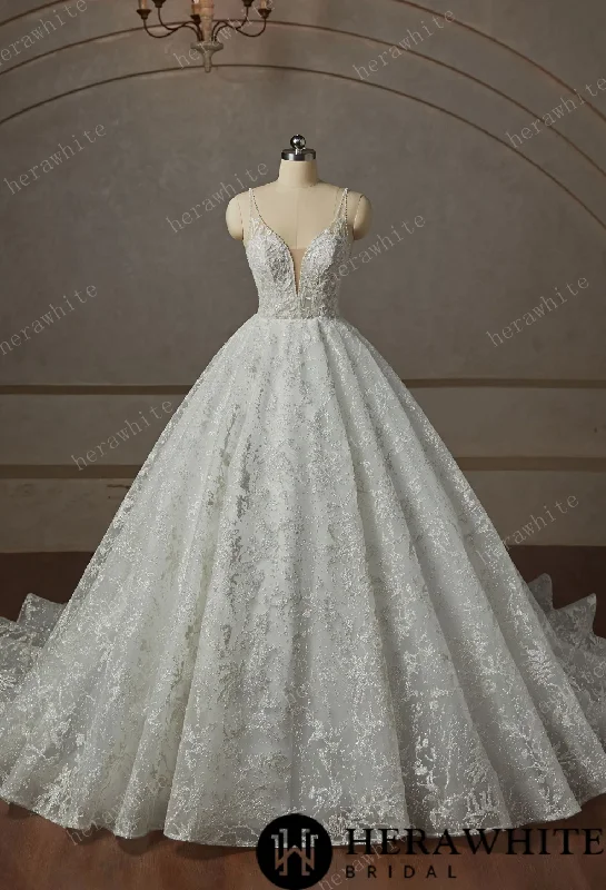 Princess Beaded Deep-Plunge Ball Gown Wedding Dress