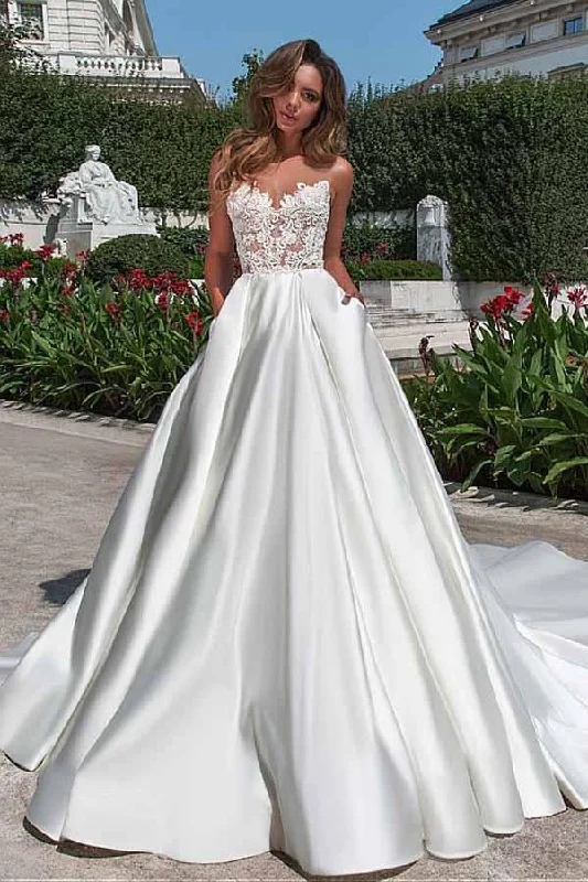 Satin Neckline A-line Open Back Lace Wedding Dress With Pockets Lace Appliques WK497