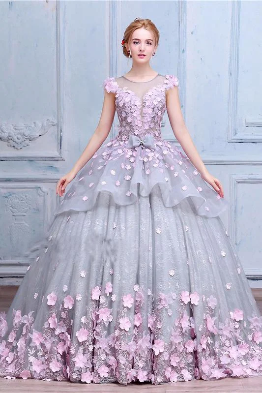 Scoop Ball Gown Gray Tulle Sleeveless Bowknot Empire Waist Wedding Dress with Pink Flowers WK576