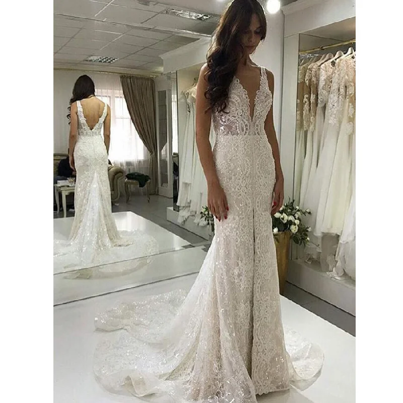 Sexy V Neck Lace V Back Mermaid Long Bridal Wedding Dresses, BGP247