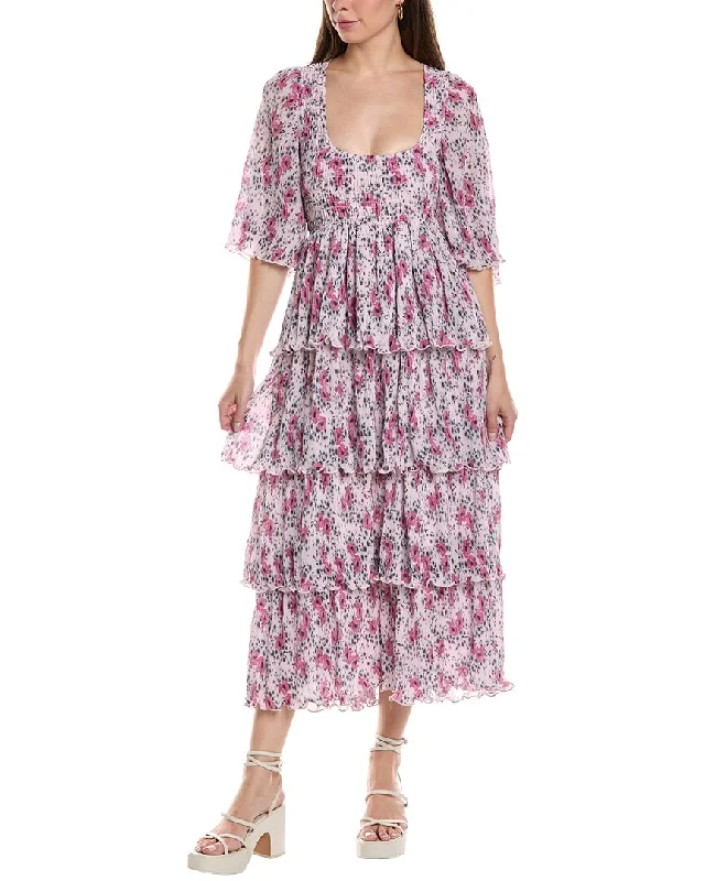 Ganni Pleated Georgette Flounce Smock Midi Dress