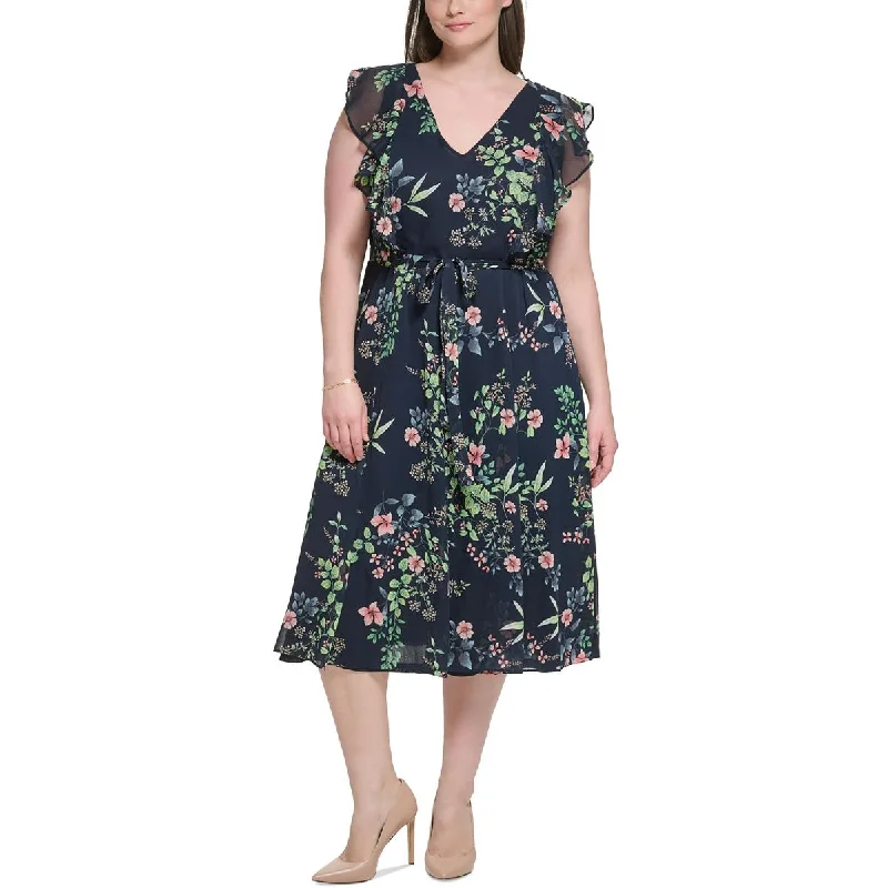 Plus Womens Floral Flutter Sleeves Midi Dress