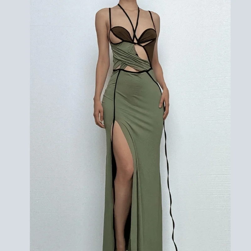 Halter contrast hollow out slit cami cut out midi dress