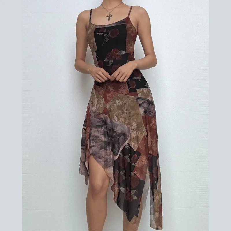 U neck ruffle irregular patchwork print cami midi dress