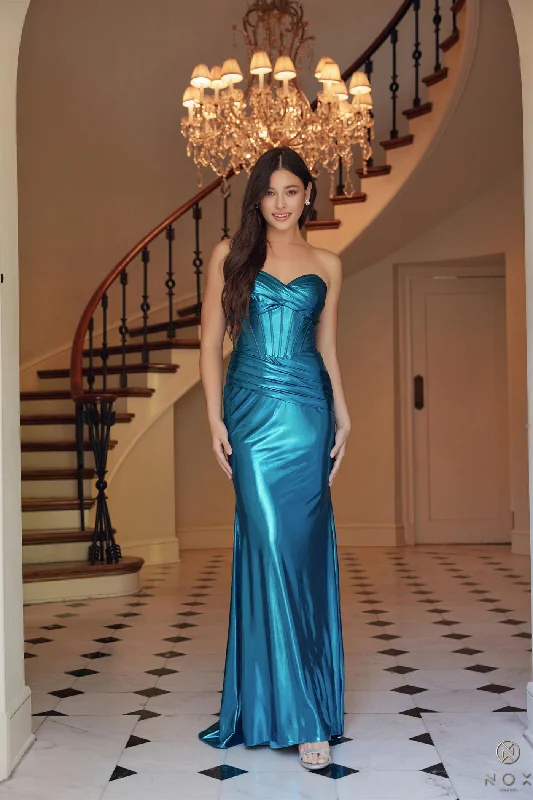 Nox Anabel T1499 Long Metallic Fitted Prom Dress