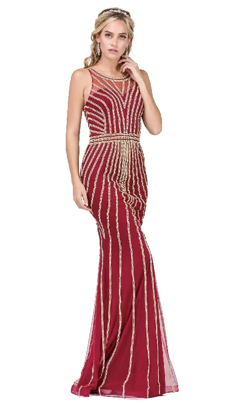 Long Formal Evening Dress with Gold Beaded Stipes