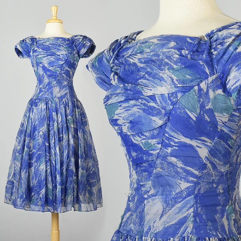 1950s Blue Chiffon Dress in Watercolor Print