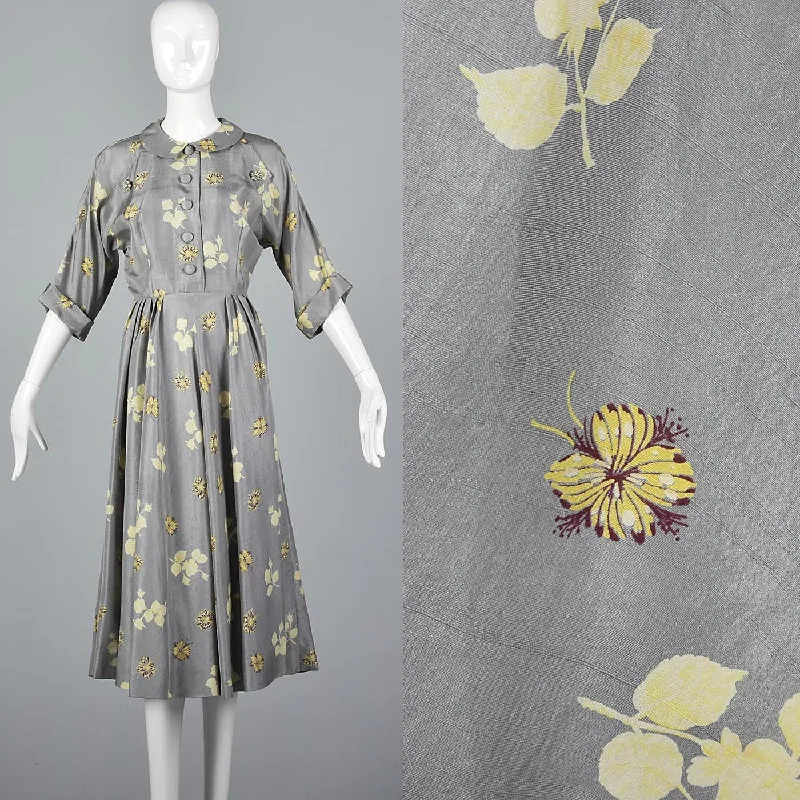 1950s Gray Silk Dress with Floral Print