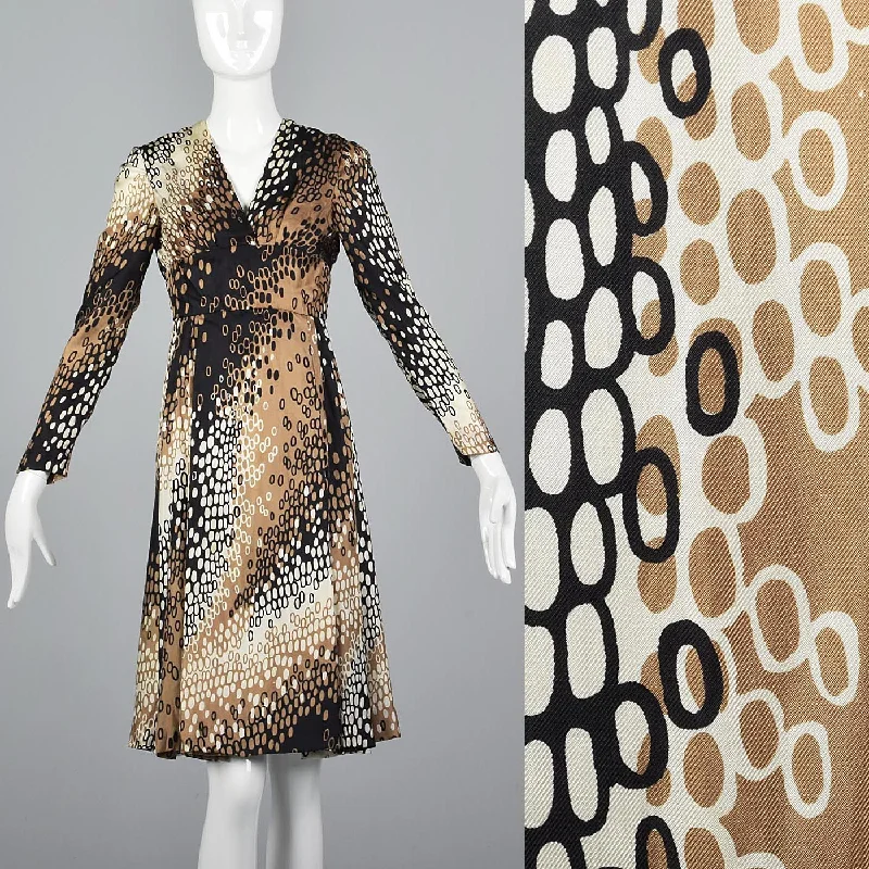 1960s Silk Dress with White, Tan, and Black Op Art Print