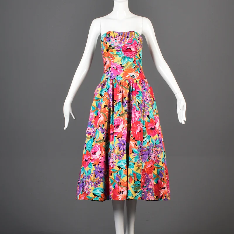 1980s Victor Costa Floral Strapless Summer Day Dress in a Colorful Floral Print