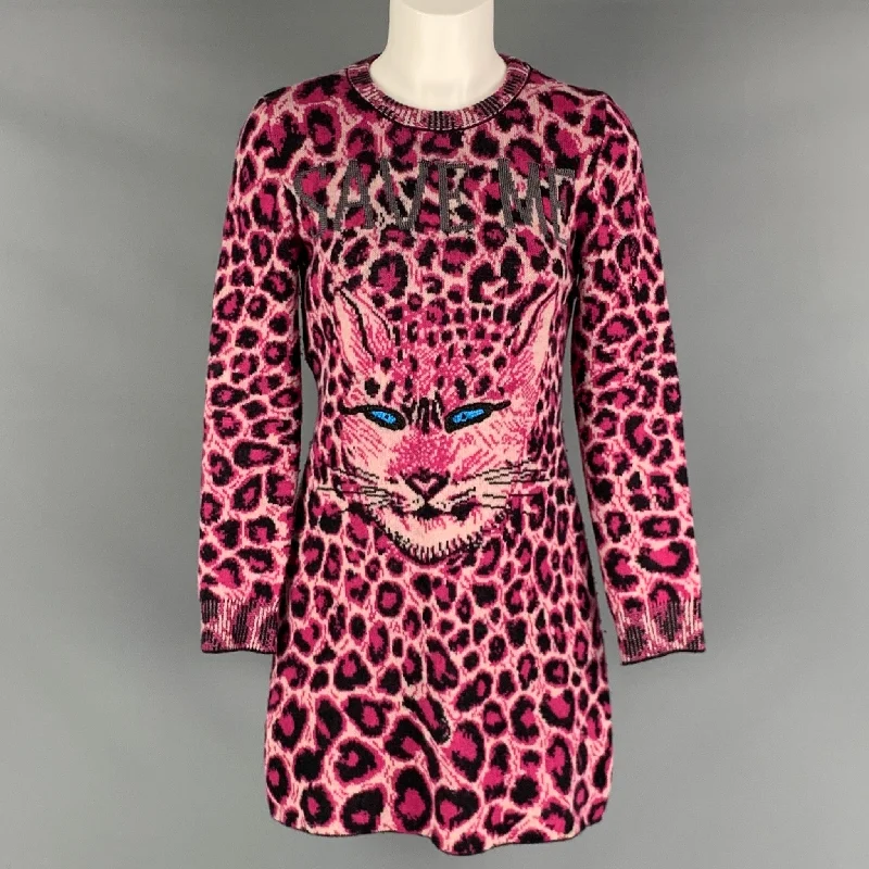 ALBERTA FERRETTI Size 4 Pink Black Virgin Wool Animal Print Long Sleeve Dress